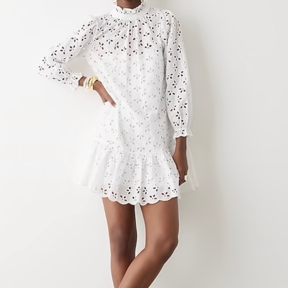 J.Crew Ruffle neck mini dress in eyelet white Sz small